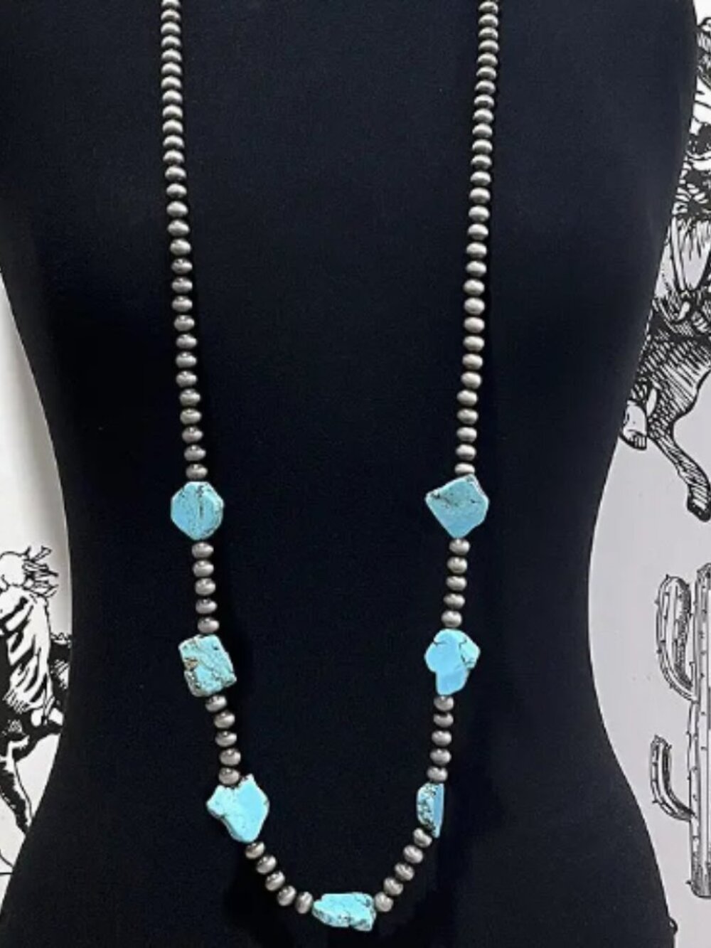 Western Long Faux Turquoise Nugget & Sterling Pearl Statement Necklace — 46 Inch